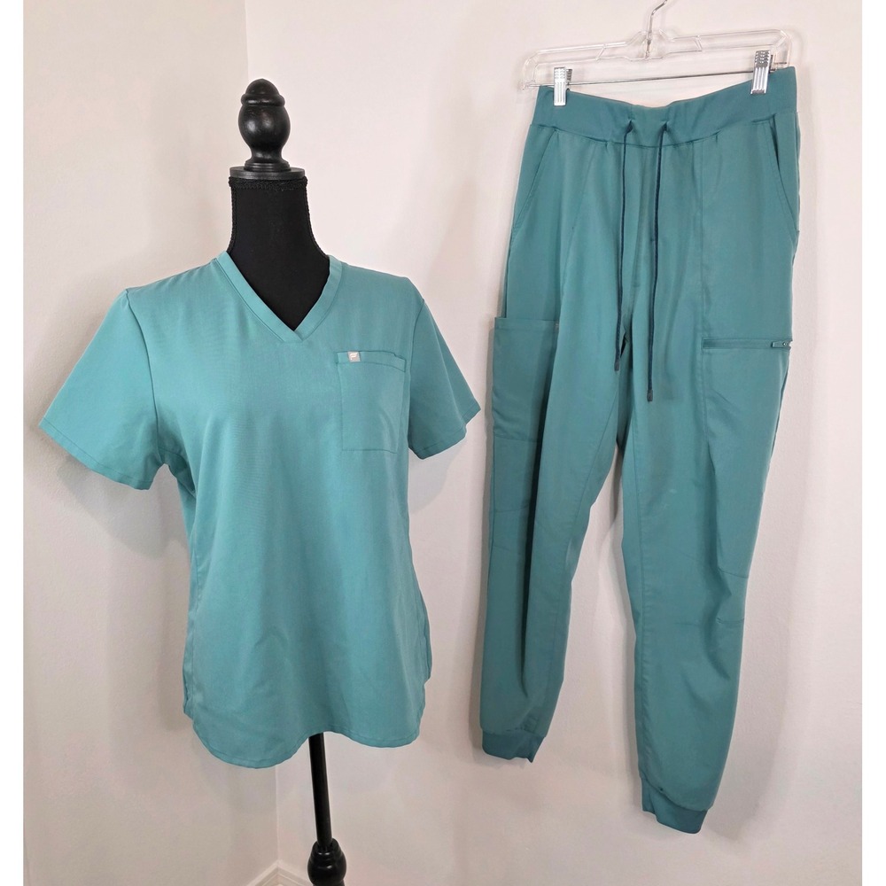 Fabletics Scrubs Set Teal Blue V-Neck Top Jogger Pants Medium GJ2355298-1567